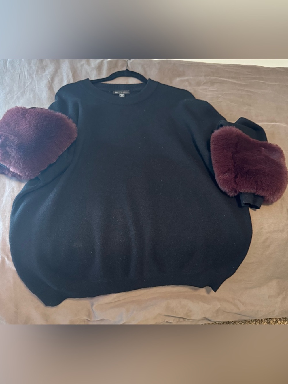 Saks Fifth Avenue Black Crewneck Sweater with Burgundy Faux Fur Sleeve Patches
